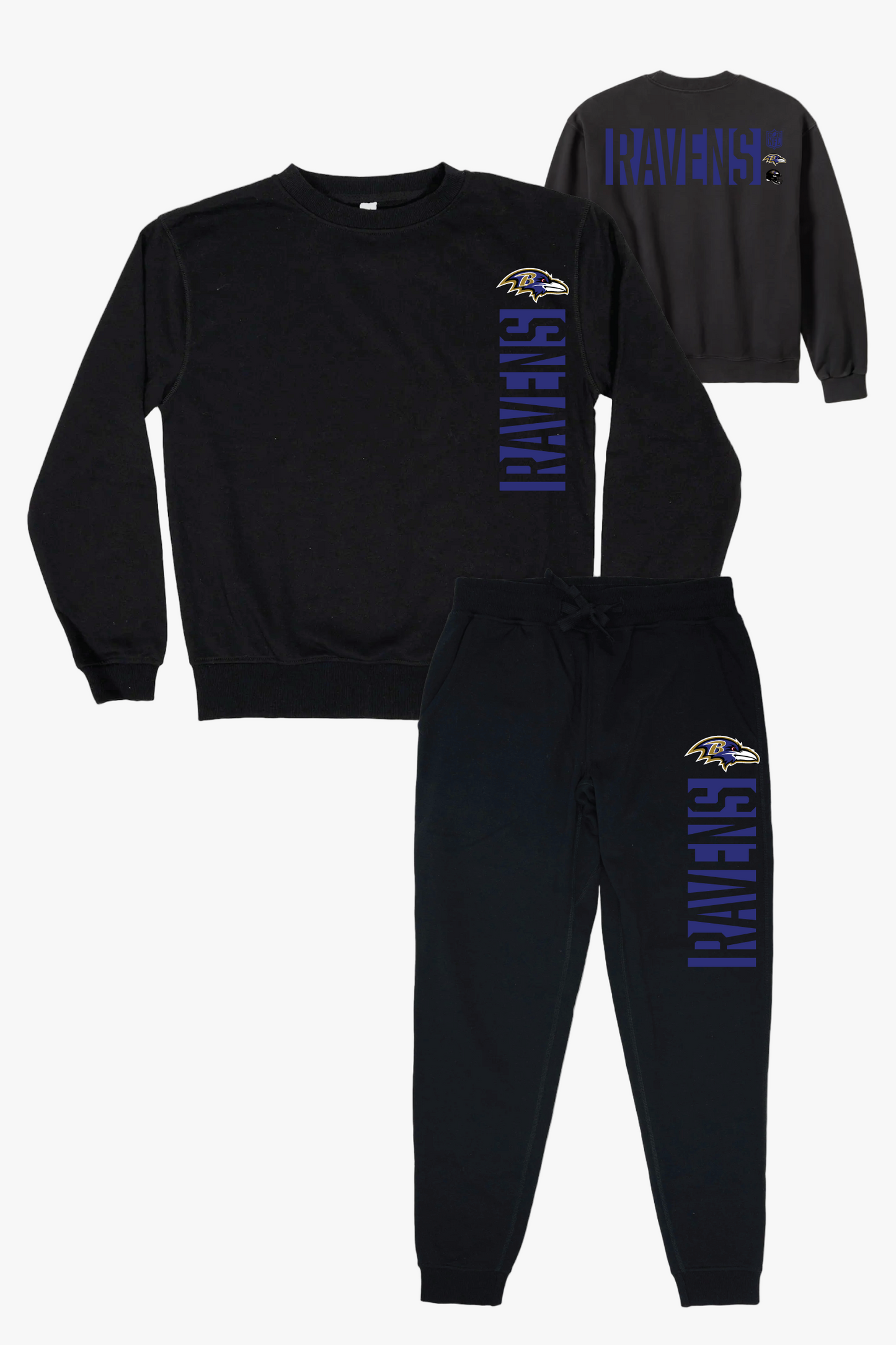 NFL Baltimore Ravens Black Unisex Adult Matching French Terry Cotton Lounge Set With "Negative Space" Design