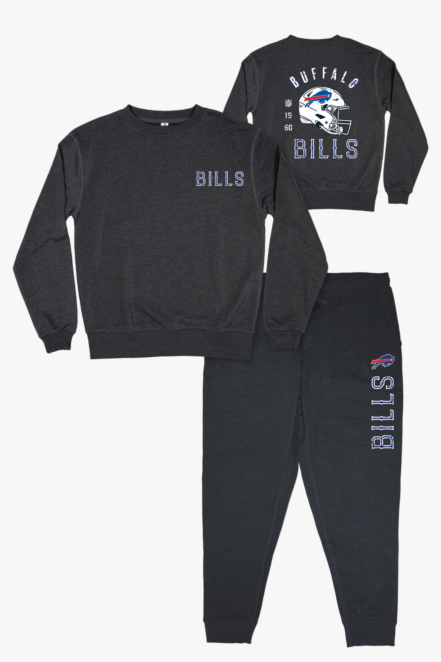 NFL Buffalo Bills Unisex Adult Adult Dark Grey French Terry Lounge Set With Vintage Helmet Design