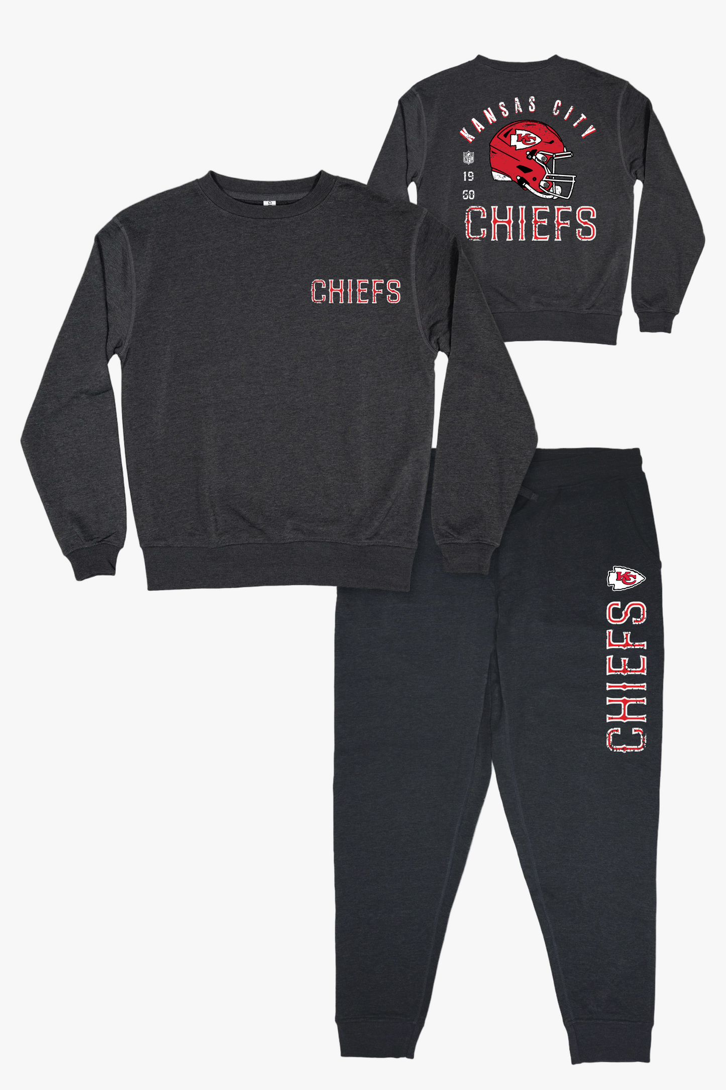NFL Kansas City Chiefs Unisex Adult Adult Dark Grey French Terry Lounge Set With Vintage Helmet Design
