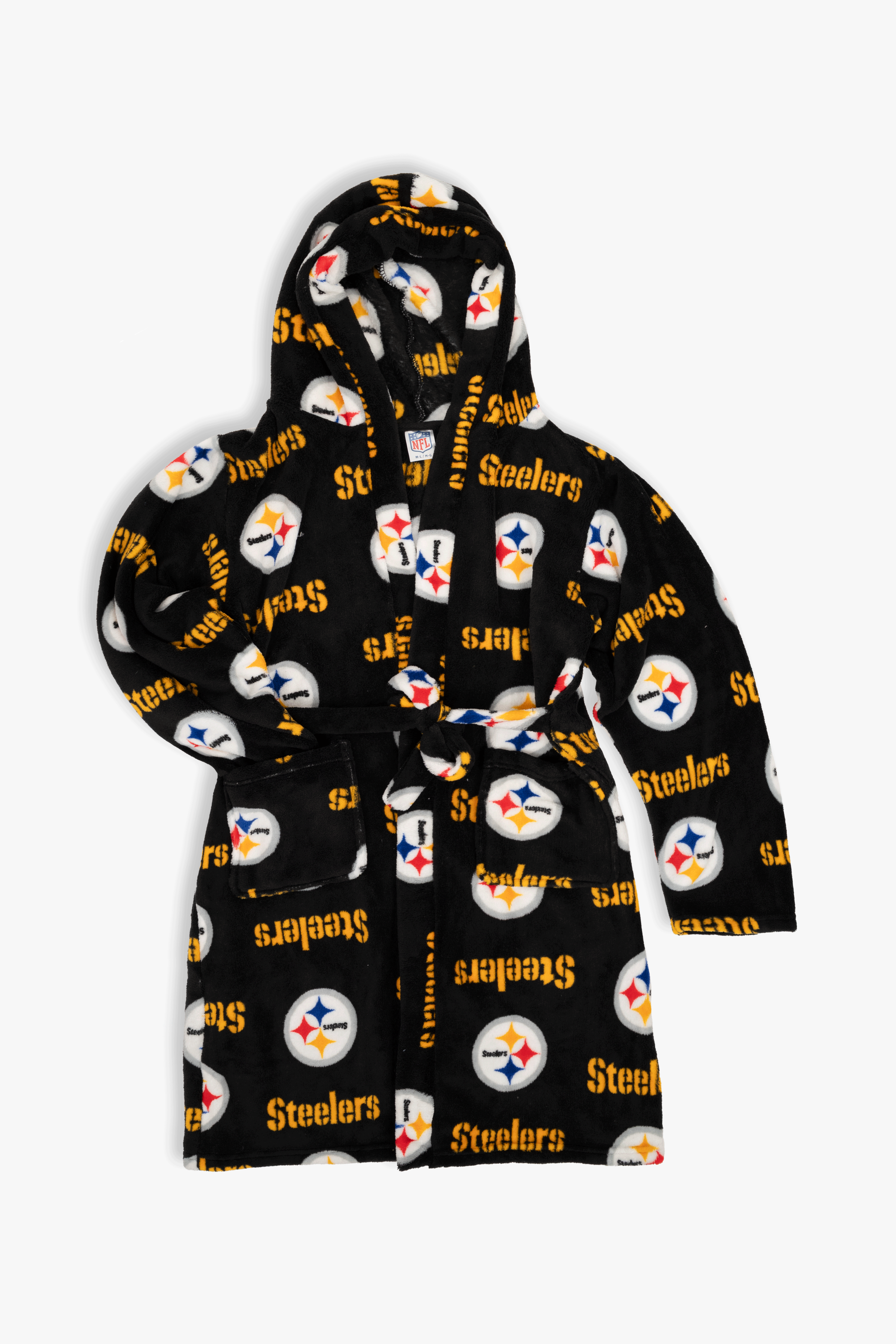 Pittsburgh Steelers Youth Fleece Robe, Hooded NFL Kids Bathrobe with Tie Belt and Pockets, Children's Sizes
