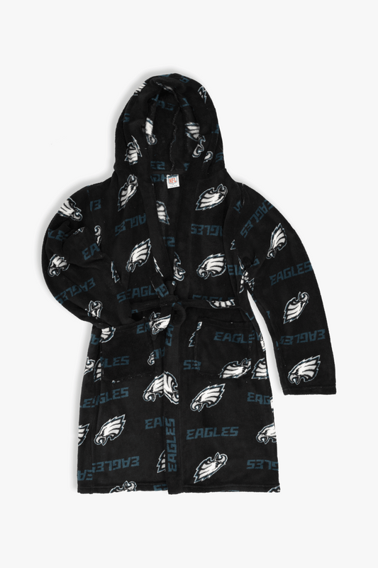 Philadelphia Eagles Youth Fleece Robe, Hooded NFL Kids Bathrobe with Tie Belt and Pockets, Children's Sizes
