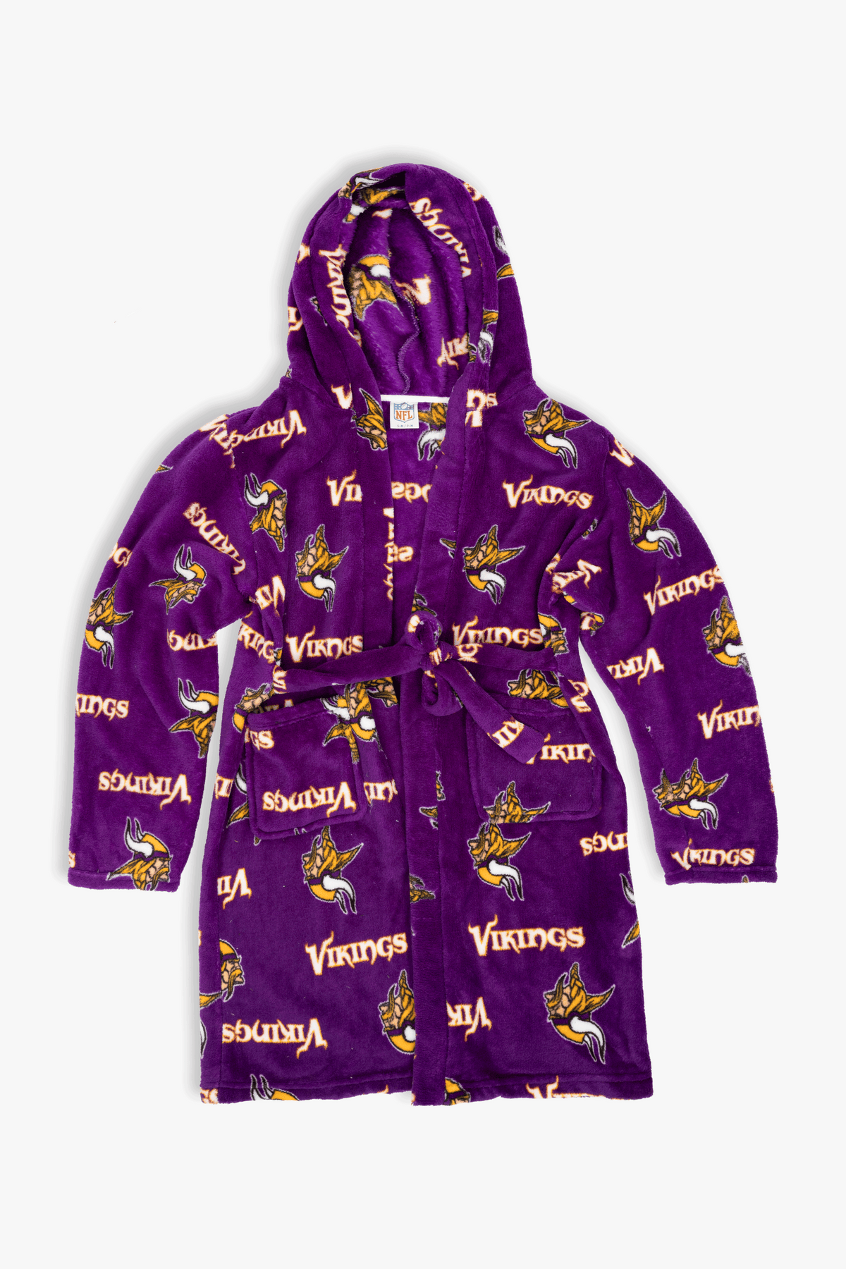 Minnesota Vikings Youth Fleece Robe, Hooded NFL Kids Bathrobe with Tie Belt and Pockets, Children's Sizes