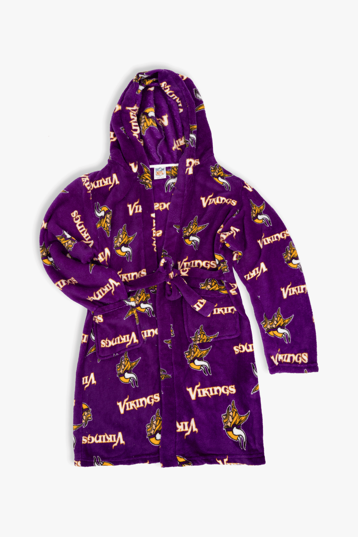 Minnesota Vikings Youth Fleece Robe, Hooded NFL Kids Bathrobe with Tie Belt and Pockets, Children's Sizes