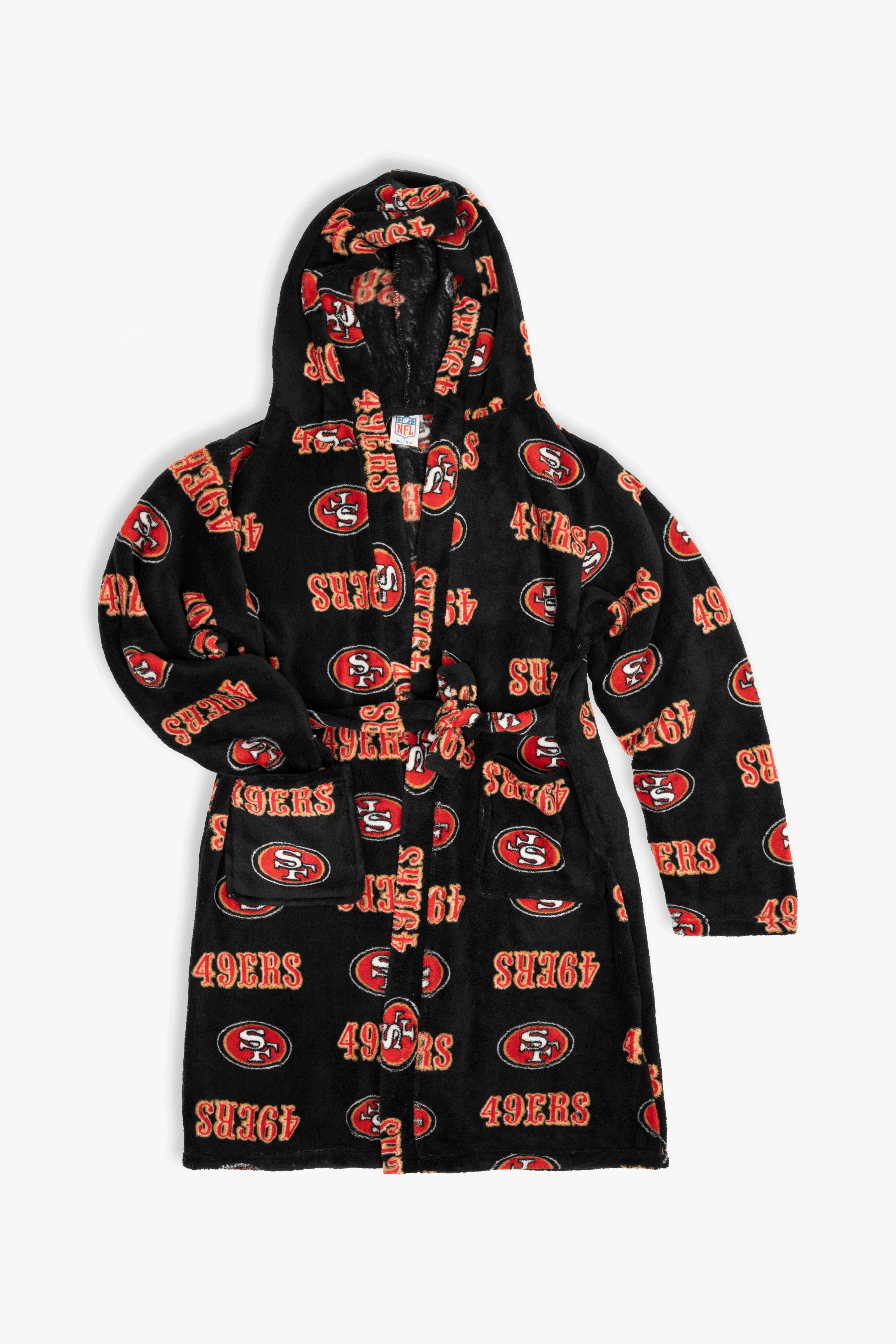 San Francisco 49ers Youth Fleece Robe, Hooded NFL Kids Bathrobe with Tie Belt and Pockets, Children's Sizes