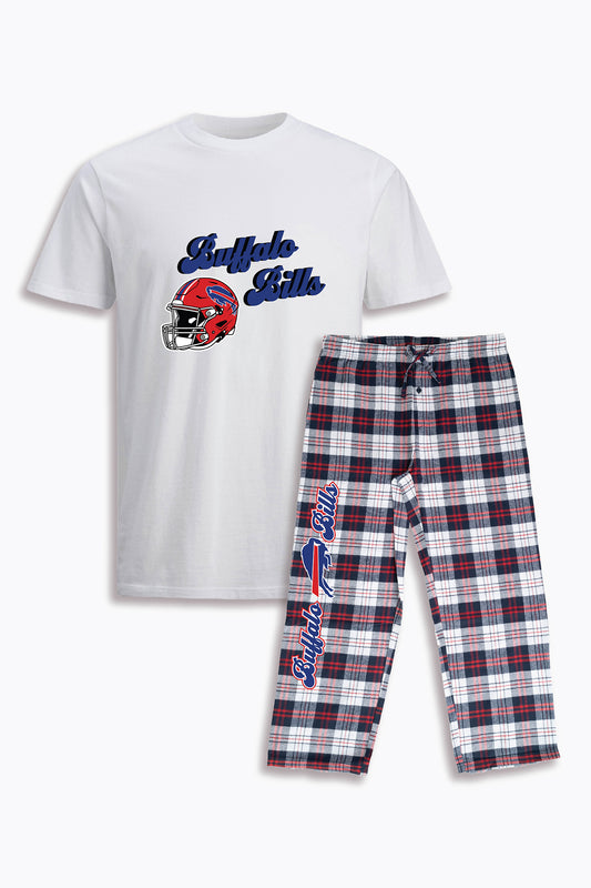 NFL Buffalo Bills Unisex Adult Pajama Set with Soft Cotton White T-Shirt & Navy, White, Red Brushed Flannel Pants
