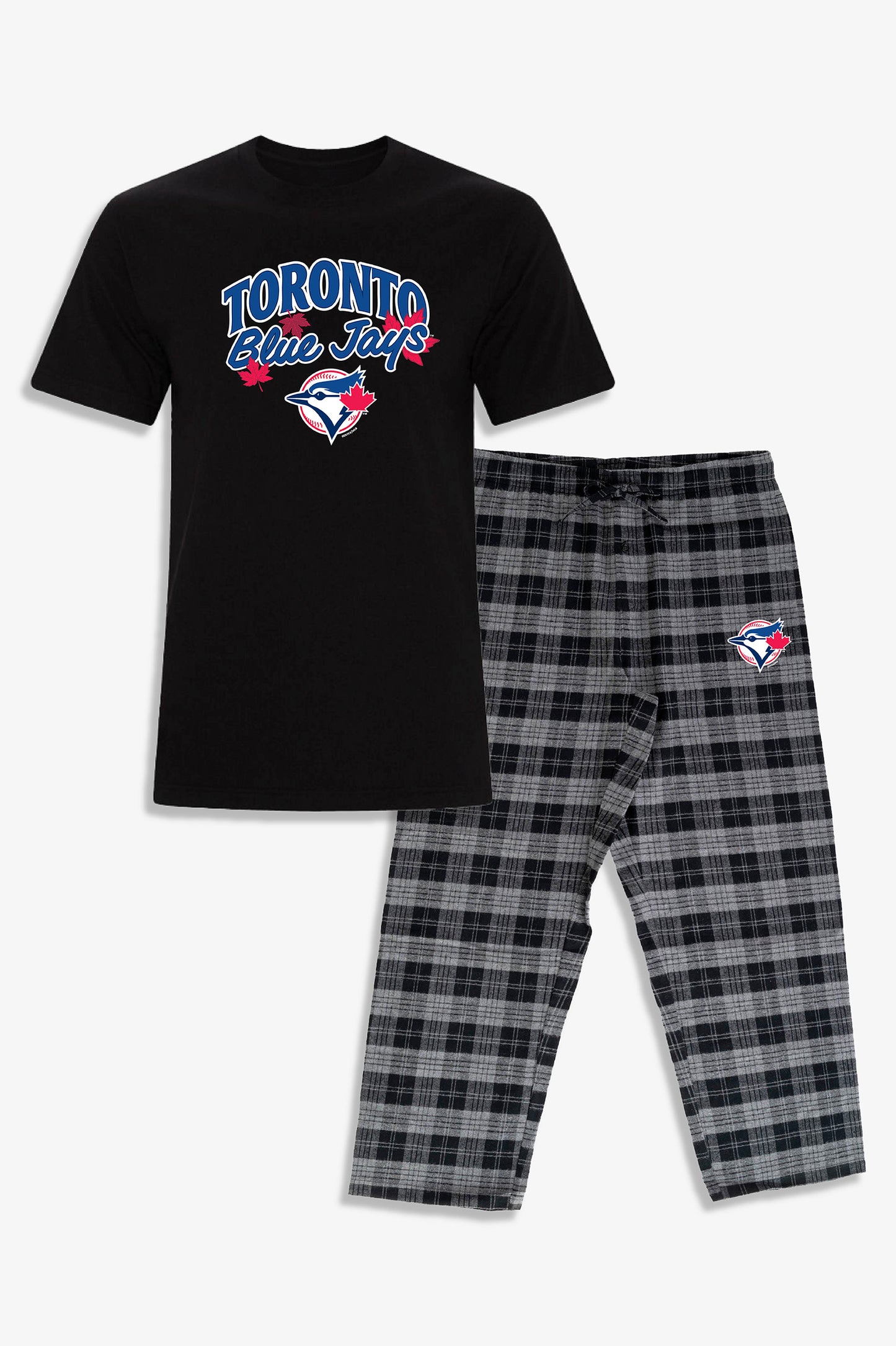 MLB Toronto Blue Jays Unisex Adult Pajama Set with Soft Cotton Black T-Shirt and Dark Grey Brushed Flannel Pants