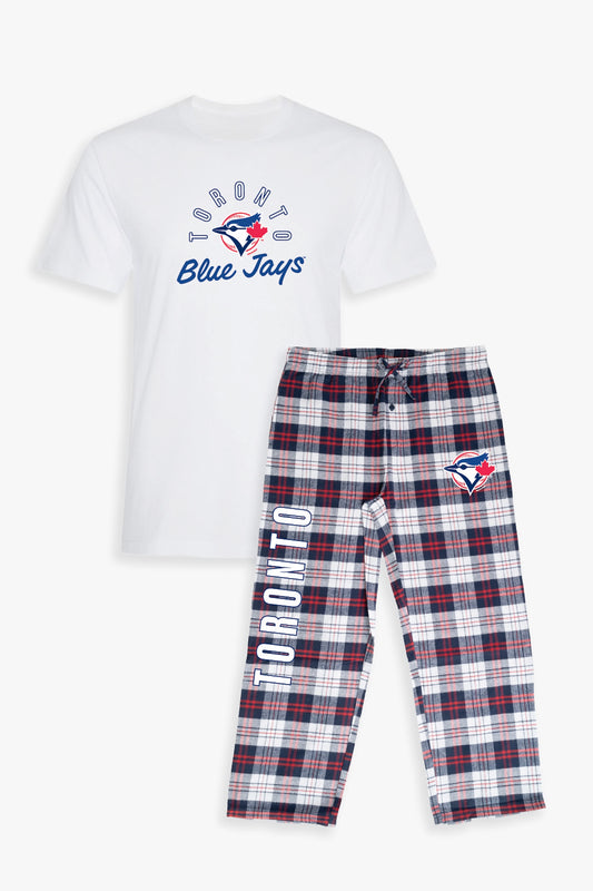 MLB Toronto Blue Jays Unisex Adult Pajama Set | Soft Cotton T-Shirt, Brushed Flannel Plaid Pants with Pockets