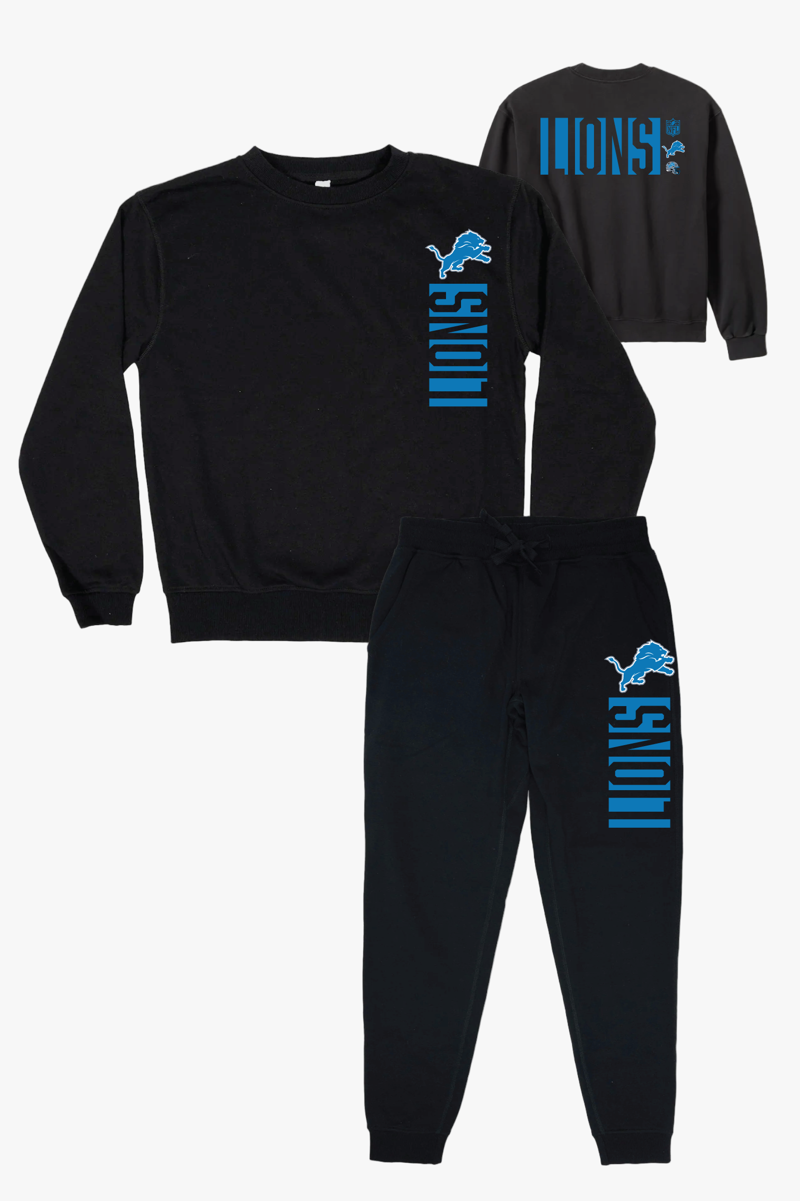 NFL Detroit Lions Black Unisex Adult Matching French Terry Cotton Lounge Set With 