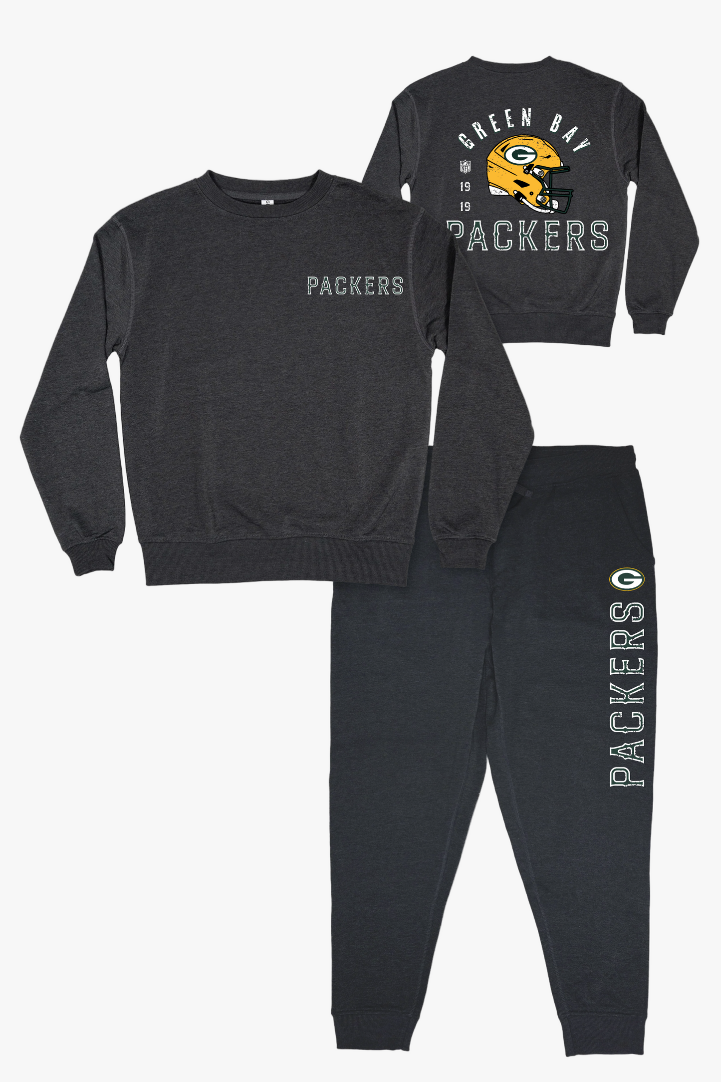NFL Green Bay Packers Unisex Adult Adult Dark Grey French Terry Lounge Set With Vintage Helmet Design