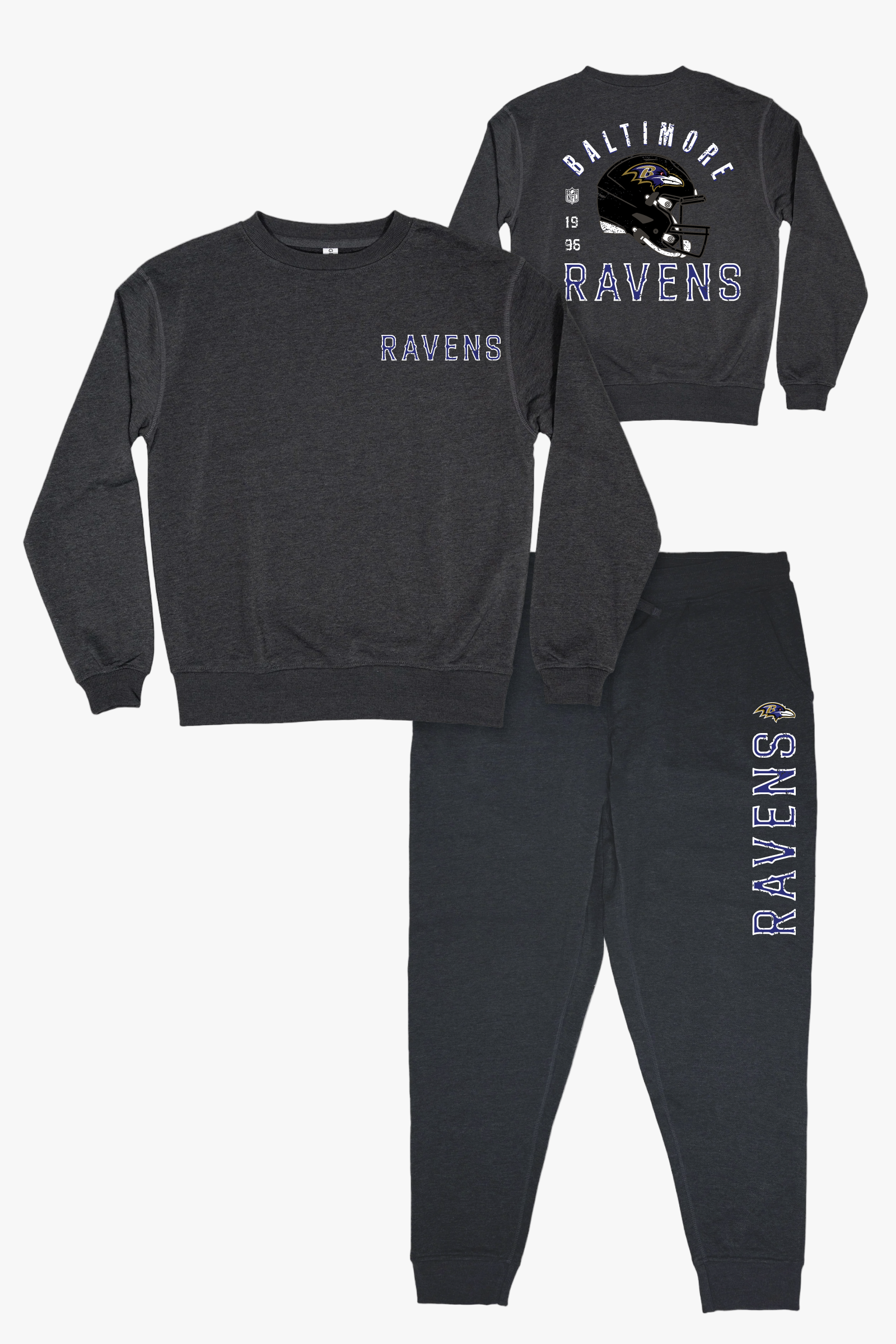NFL Baltimore Ravens Unisex Adult Adult Dark Grey French Terry Lounge Set With Vintage Helmet Design