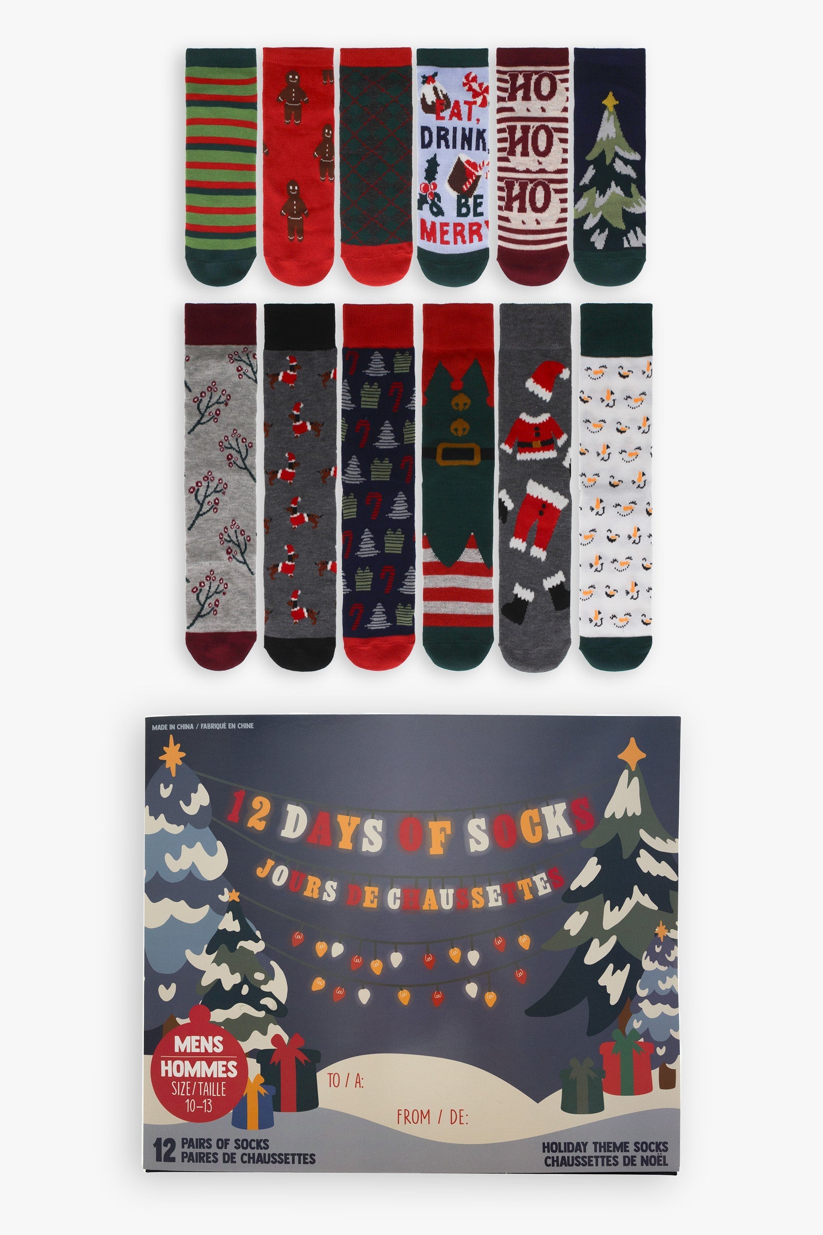 Men's "12 Days of Socks" Advent Calendar Gift Box | 12 Days of Holiday Socks | Men's Sock Size 10-13, Shoe Size 7-12