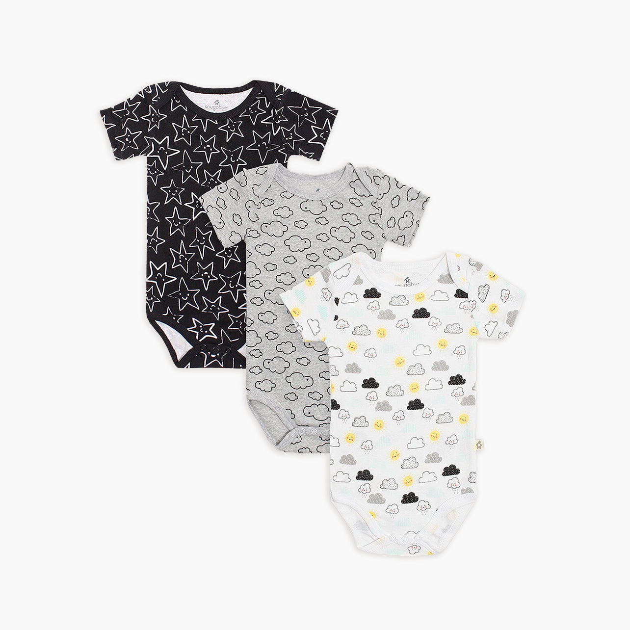 Snugabye Black & White Cloud 3 Pack Short Sleeve Bodysuit Set