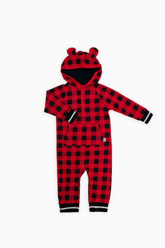Baby Red & Black Buffalo Plaid Hooded Jumpsuit
